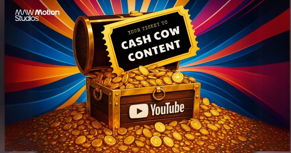A vibrant digital illustration showing a golden treasure chest overflowing with coins labeled 'YouTube Cash Cow Content', symbolizing monetized YouTube automation success.