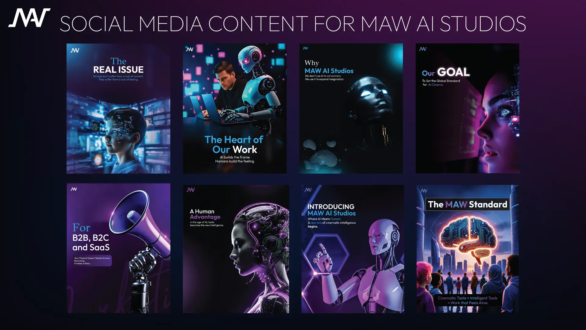 3D rendered visuals and neon typography for an AI creative agency portfolio.