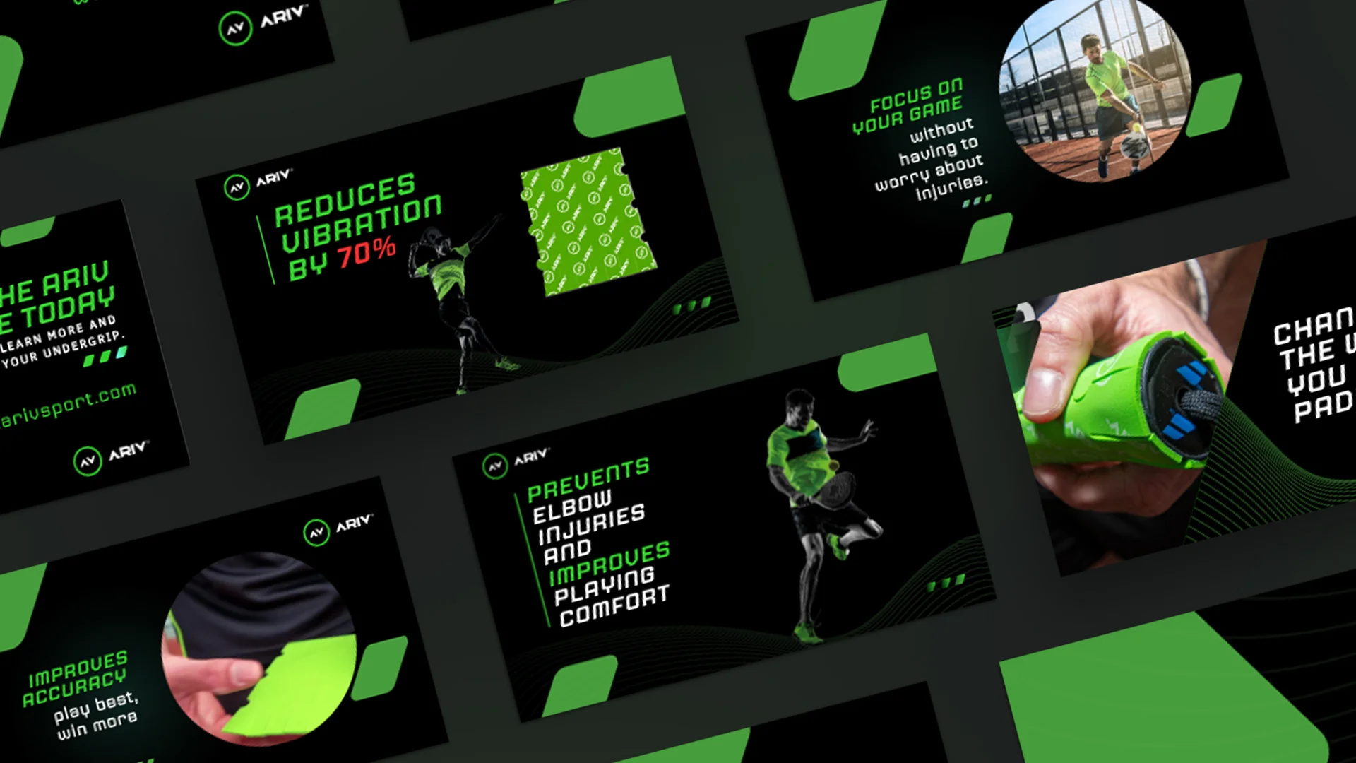 Modern neon green and black sports brand presentation slides featuring dynamic layouts and product photography.