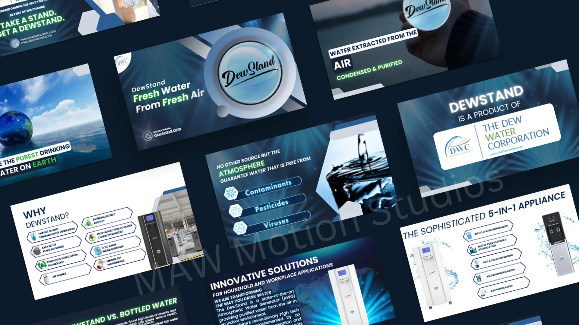 Investor presentation design for water purification hardware company featuring 3D product renders, process diagrams, and technical specs.