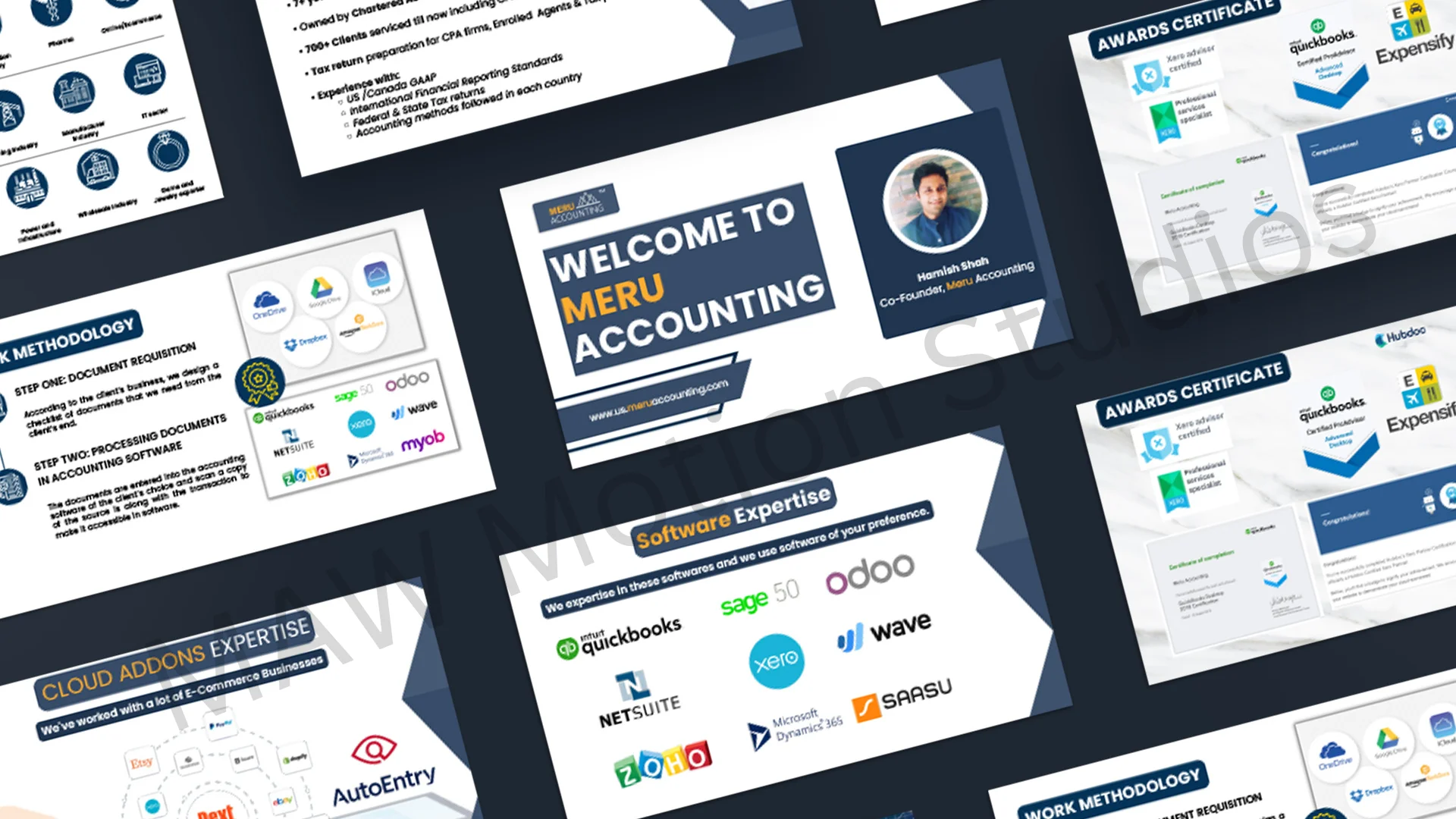 Professional B2B corporate presentation design for accounting firm featuring software integration icons and clean typography.