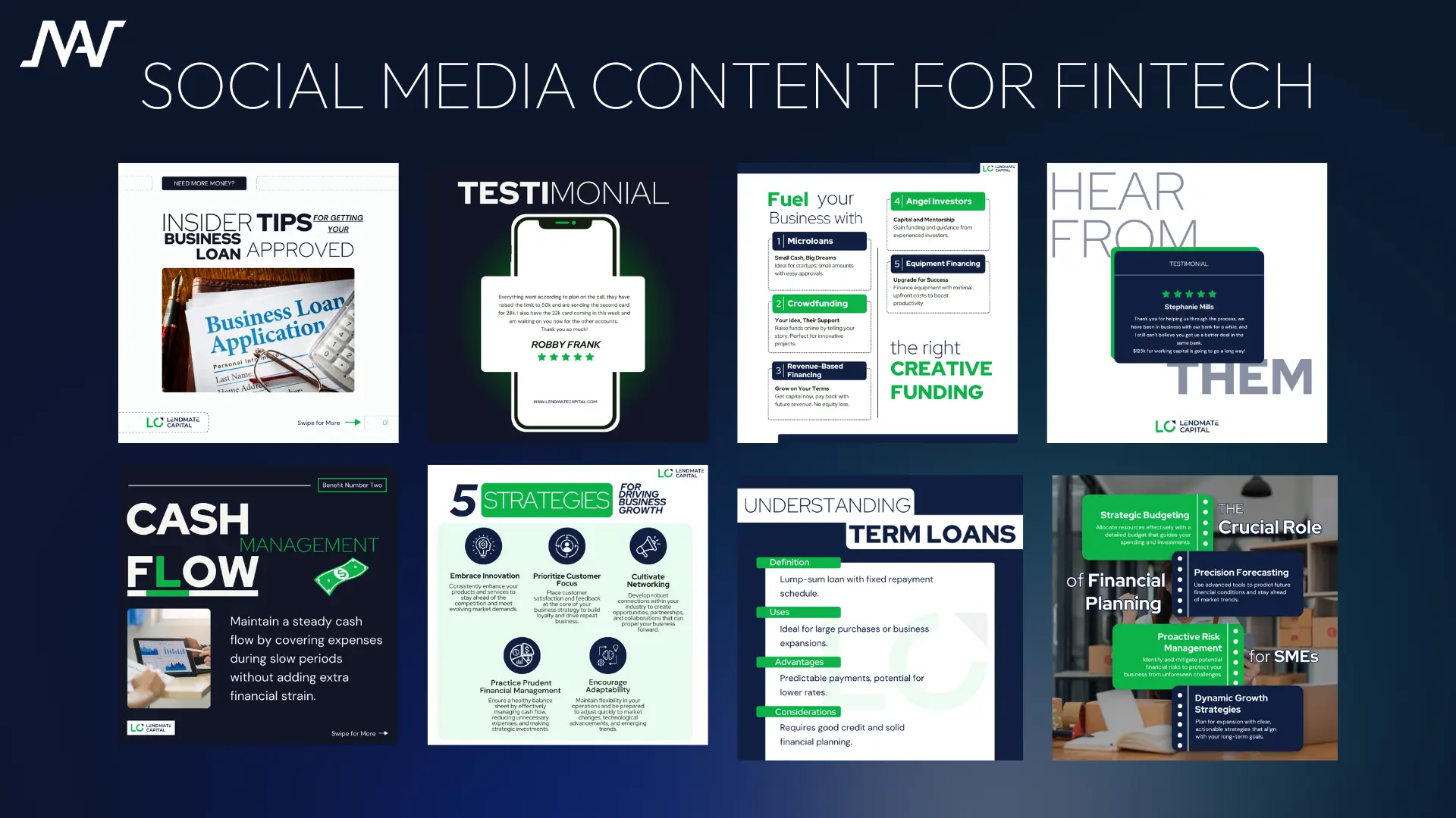 Social media content strategy for financial services, featuring educational infographics about term loans and cash flow management.