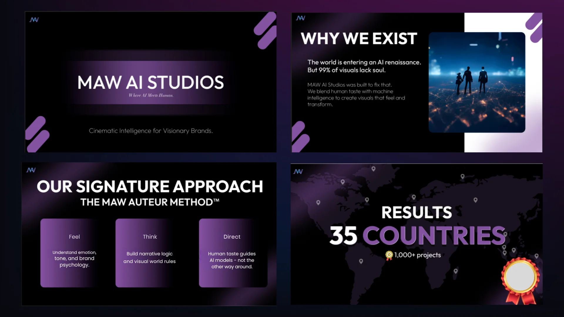 Cinematic dark mode pitch deck design for AI startup showing value proposition and global reach map.